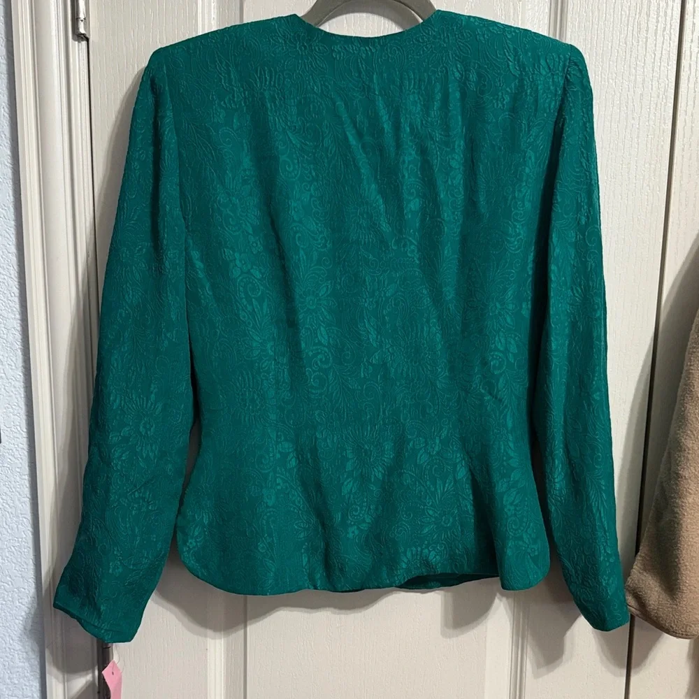 Vintage Maggy London Teal 100% Silk Brocade 2Pc Skirt Suit Set Blazer Deadstock